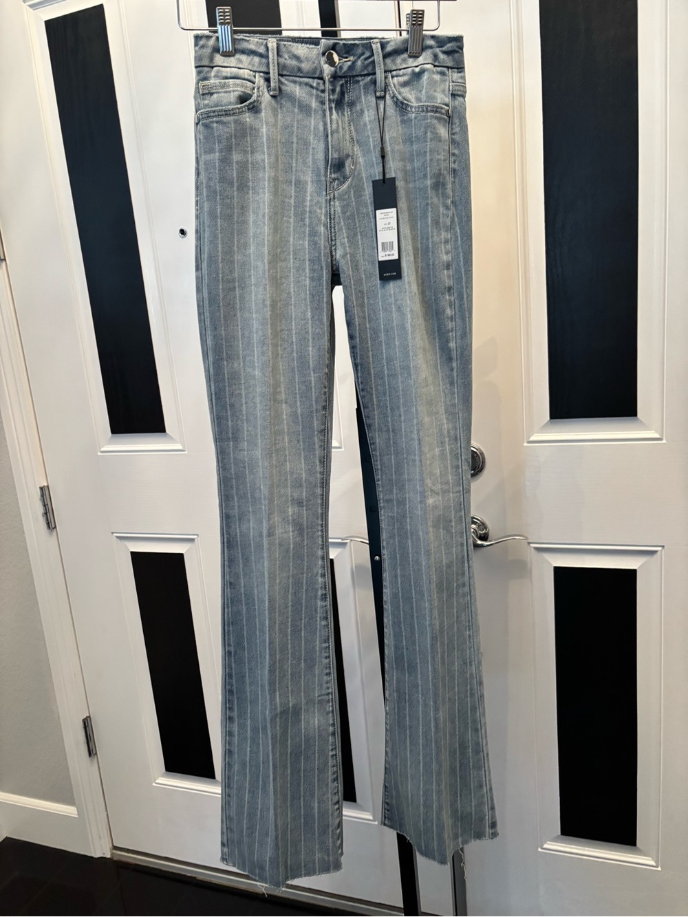 BCBG MaxAzria “MINDI” vertical stripe, light denim, flared silhouette 25 NWT 110